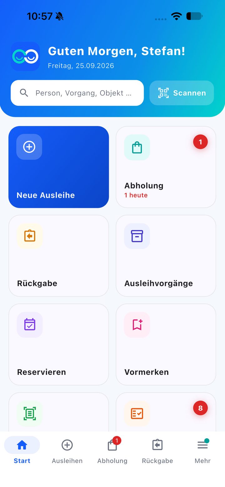 Startseite der depositoo App mit Suche, Scan-Button und Kacheln für Neue Ausleihe, Abholung, Rückgabe und mehr